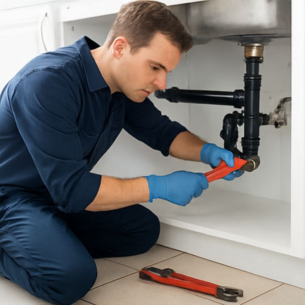 Licensed plumber in Lakemba repairing burst water pipe in residential bathroom
